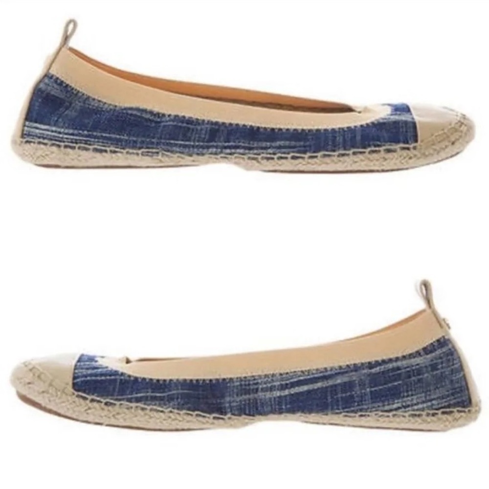 Women’s YOSI SAMRA Denim blue/tan foldable ballet flats- Size 9